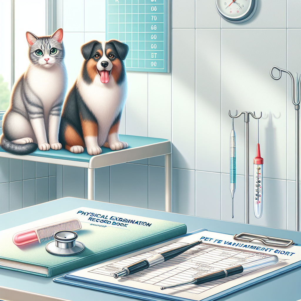宠物健康知识科普封面图，展示犬猫体检记录、疫苗本和家庭护理工具