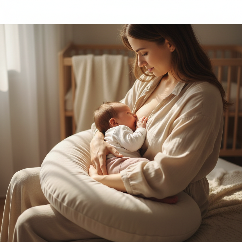 一位年轻母亲温柔地抱着新生儿进行母乳喂养，宝宝红润的小脸紧贴胸口，阳光斜射在浅色的哺乳枕上
