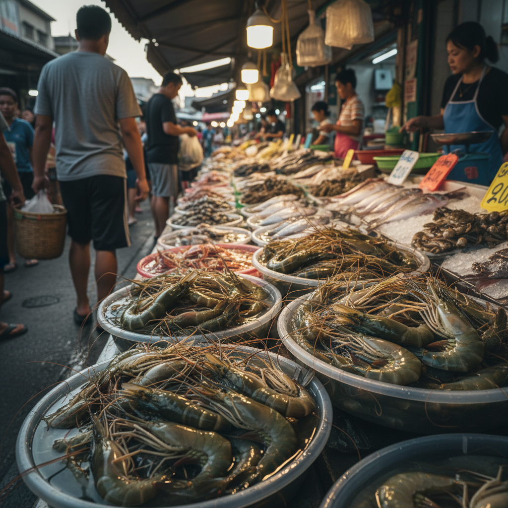 在清晨喧闹的海鲜市场上，摊位里摆满了色泽青亮、个头硕大的活虾，透明的水盆里虾须飞舞，反射着柔和的光芒
